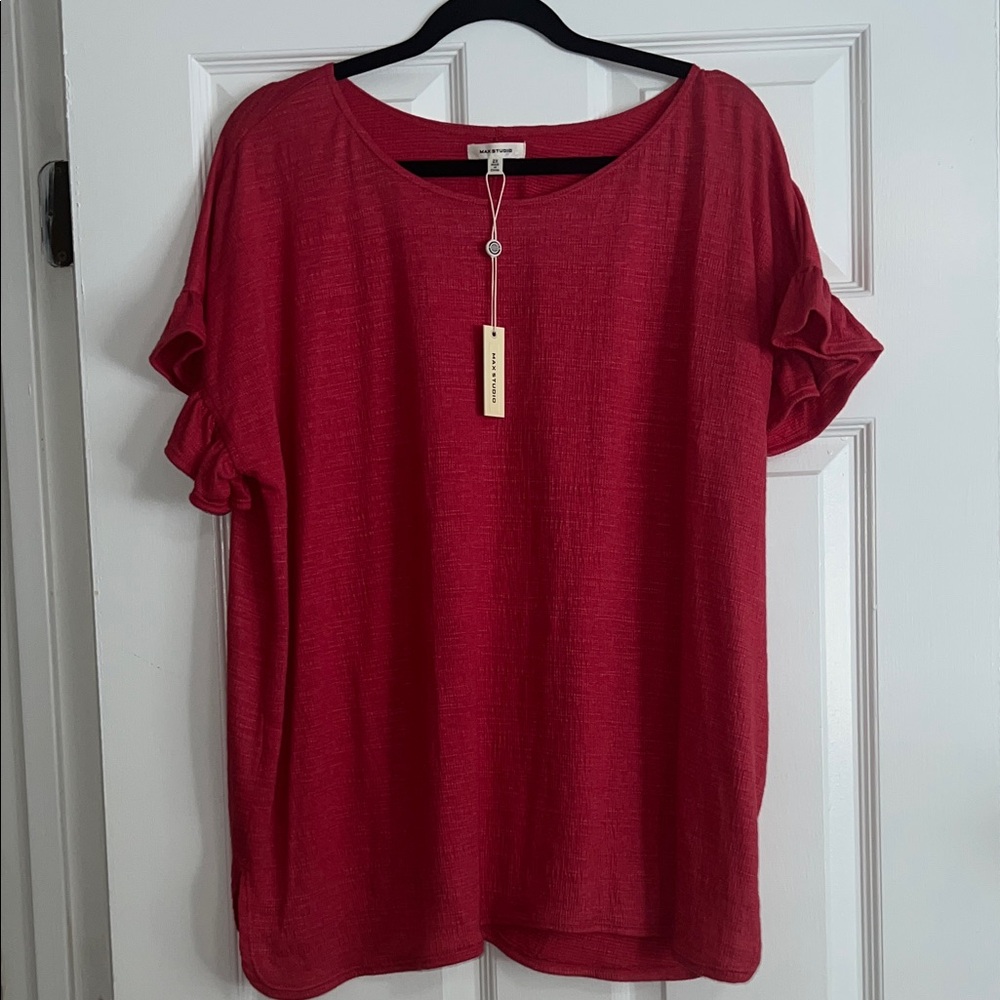Max Studio Women’s Plus Size Short Sleeve Top with Ruffle Sleeve in Red in 2X